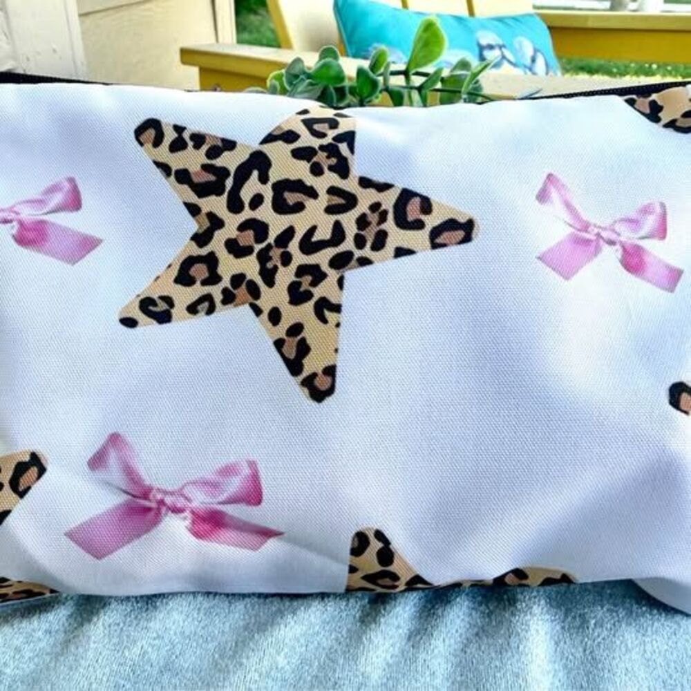 Leopard Star Pink Bow Makeup Bag Cosmetic Pouch Preppy Coquette Pencil Case